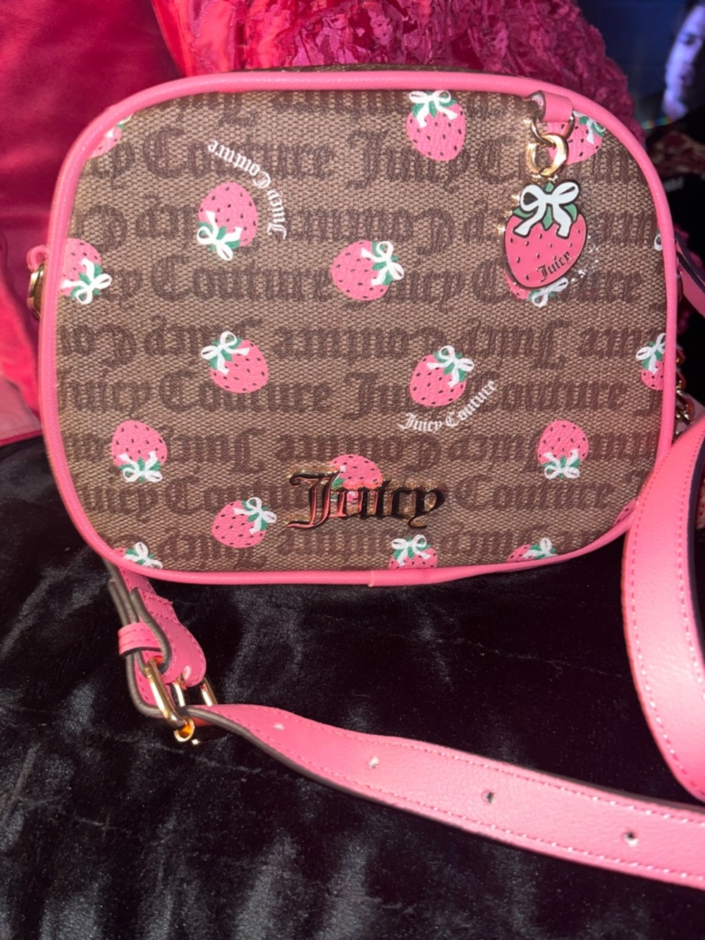 Juicy Couture Brown Monogram Strawberry Print Pink Trim Crossbody